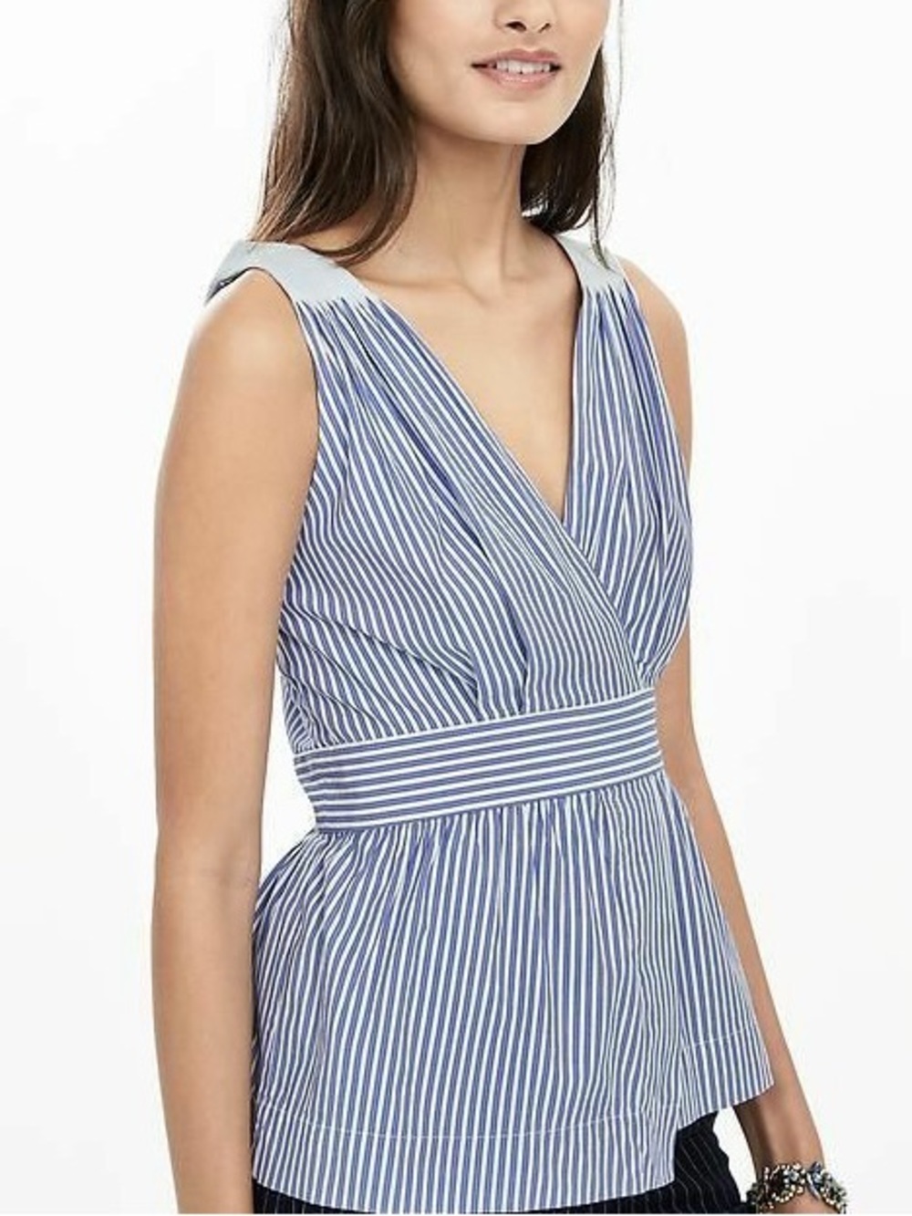 Banana Republic Blue and White Striped V-Neck Peplum Tank